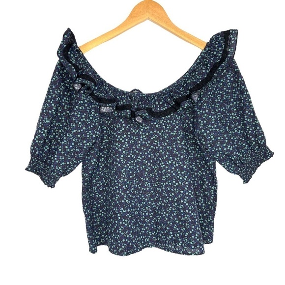 Something Navy Womans Floral Kira Top XS Blue Ruffle Short Sleeve Linen Cotton - Picture 3 of 9